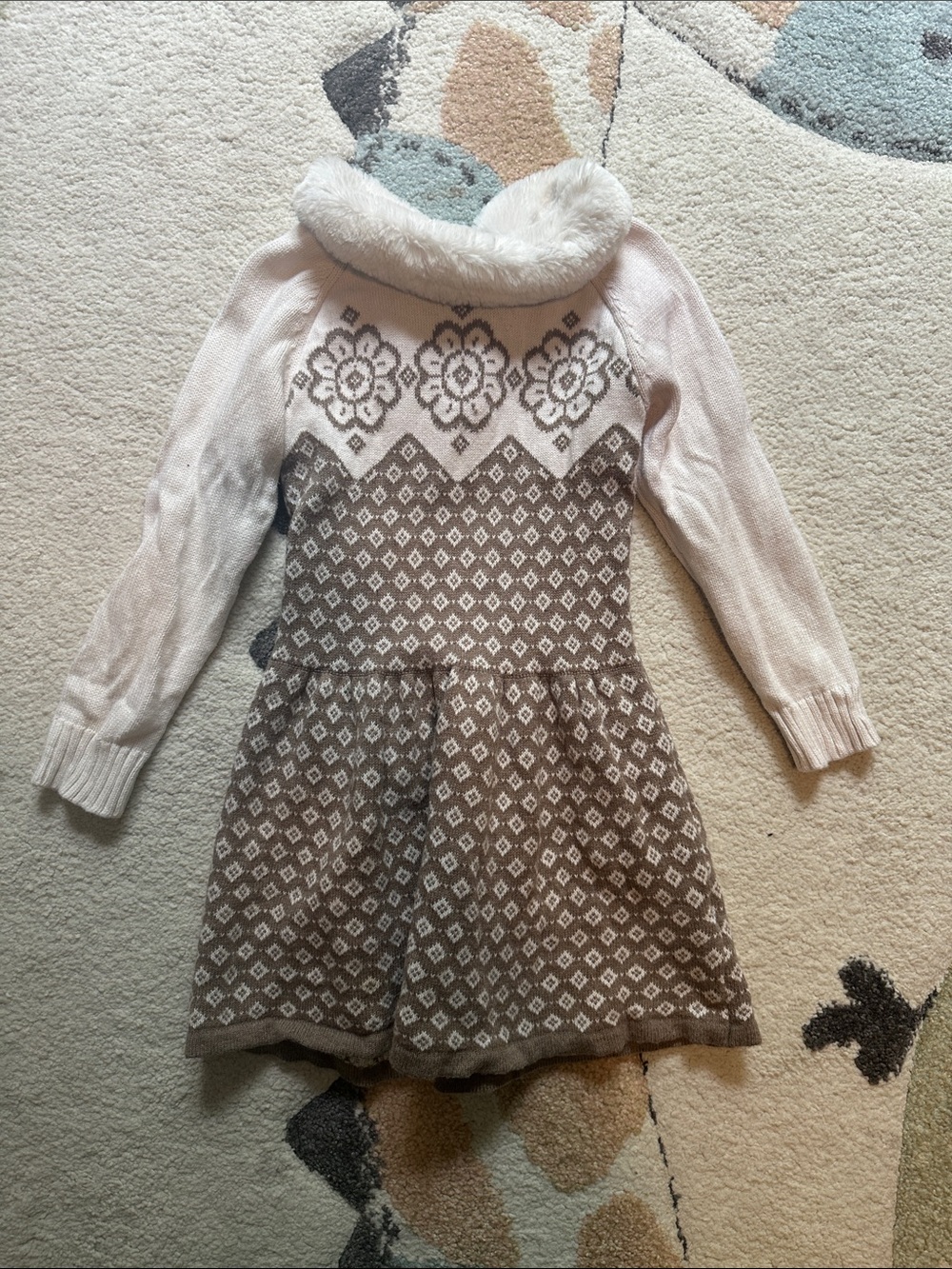 Girls Cream and Brown Fair Isle Knit Dress with Faux-Fur Collar